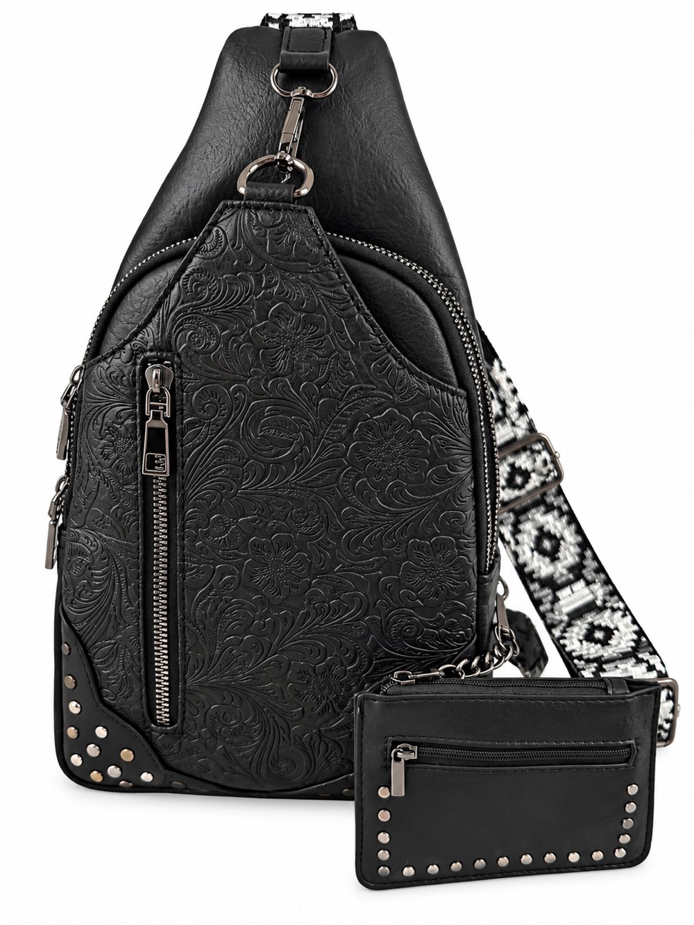 Black Embossed Leather Crossbody Sling Bag with Coin Wallet